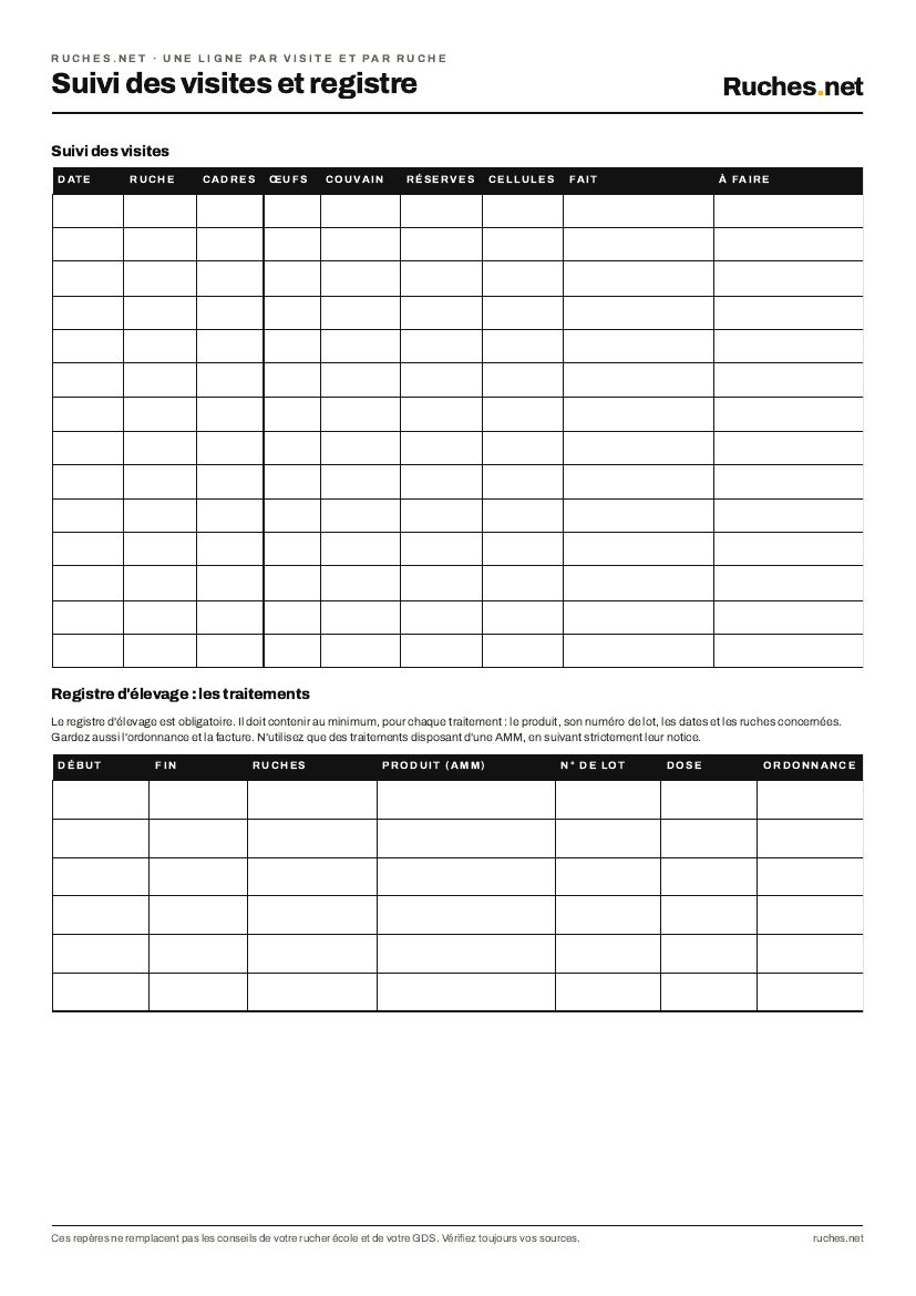 Verso de la fiche : tableau de suivi des visites et registre d'élevage des traitements